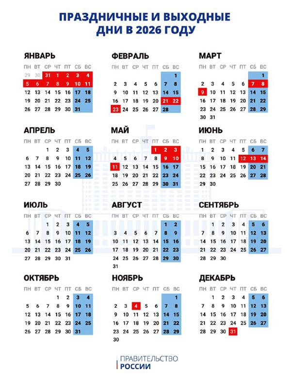 Длинные новогодние и короткие майские праздники ждут россиян в 2026 году