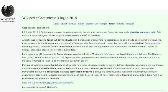 Итальянская «Википедия» закрылась в знак протеста
